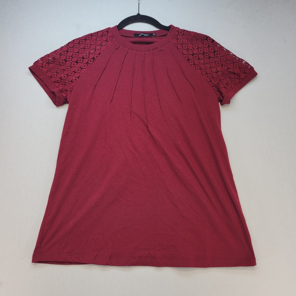Automet Top Womens Medium Burgundy Casual Crochet Lace Shoulder Pleated Blouse
